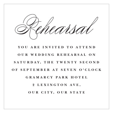 Practice makes perfect! Our Two Rings Rehearsal Cards gather your family and friends the night before to make sure that your wedding will go off without a hitch!