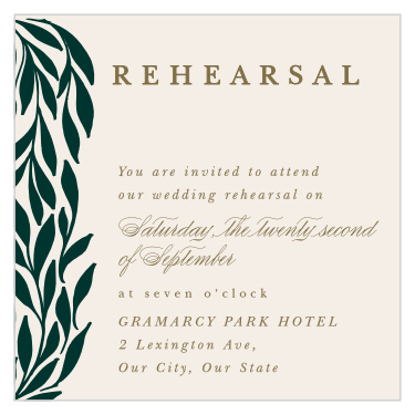 Gather family and friends together the night before to make sure your wedding goes off without a hitch with our Trimmed Trifecta Rehearsal Cards. 