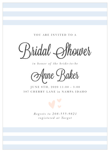 Hearts, stripes, and custom personalizations? What more could you ask for in a bridal shower card? Watch your alterations happen instantly as you edit your card to match your shower theme!
