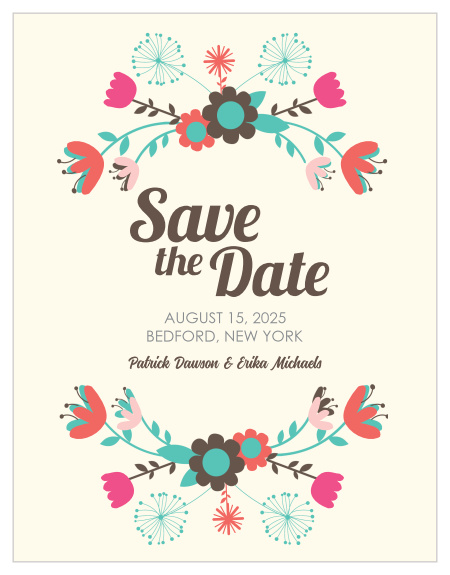 Our Flowering Frame is a save the date magnet with a simple, clean design. Change all the colors and fonts in order to match your wedding scheme. Personalize the card and see your modifications instantly!