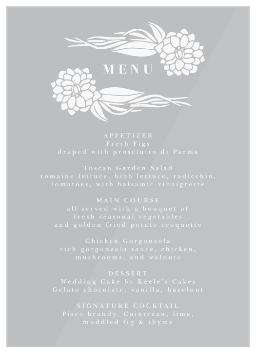 Share your wedding information in style with our Rich Florals Clear Wedding Menus. 