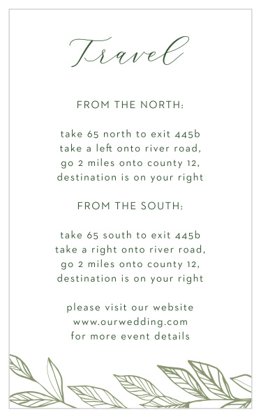 Share your wedding information with a touch of botanical beauty with our Wispy Leaves Direction Cards. 