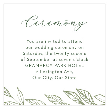 Share your wedding information with a touch of botanical beauty with our Wispy Leaves Ceremony Cards.