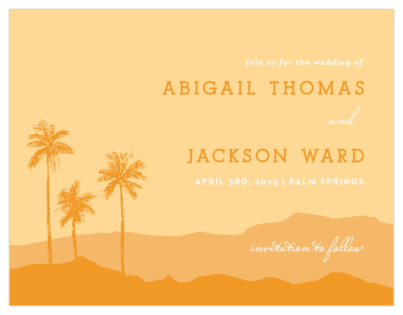 Share your wedding information with a touch of tropical trendiness with our Palm Springs Save the Date Magnets. 
