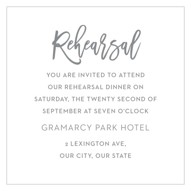 Gather friends and family together the night before the wedding with the minimalist look of our Marker Script Rehearsal Cards.