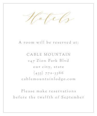Let your guests know where they will be staying while they are in town for your wedding celebrations, by using our Smooth Intrigue Accommodation Cards!