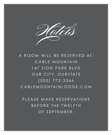 Make sure that your guests know where they will be staying during their visit for your big day, with our Scripted Elegance Accommodation Cards!