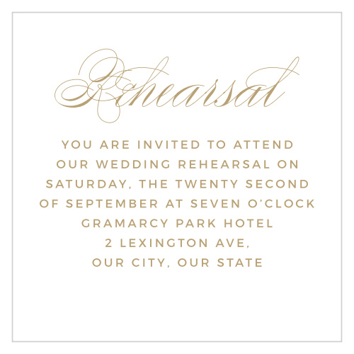 Our Deco Typography Rehearsal Cards gather friends and family to practice the night before your wedding.