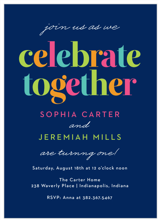 Gather friends and family together to celebrate your twins' special day with the minimalist look of our Twin Birthday First Birthday Invitations.