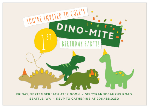 Get your guests ready for a blast with our Dinosaur Bash First Birthday Invitations.