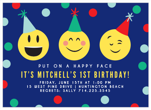 Have close friends and family put on a happy face and come celebrate your little one's special day with our Exciting Emoji First Birthday Invitations.