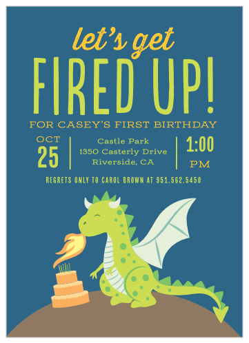 The Fired Up Dragon First Birthday Party Invitations feature a fun design and color scheme that will get your child's friends excited to celebrate!