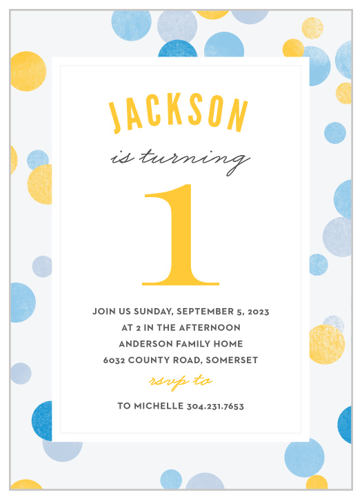 Gather close friends and family for your little one's special day with our Dotty Frame Boy First Birthday Invitations.