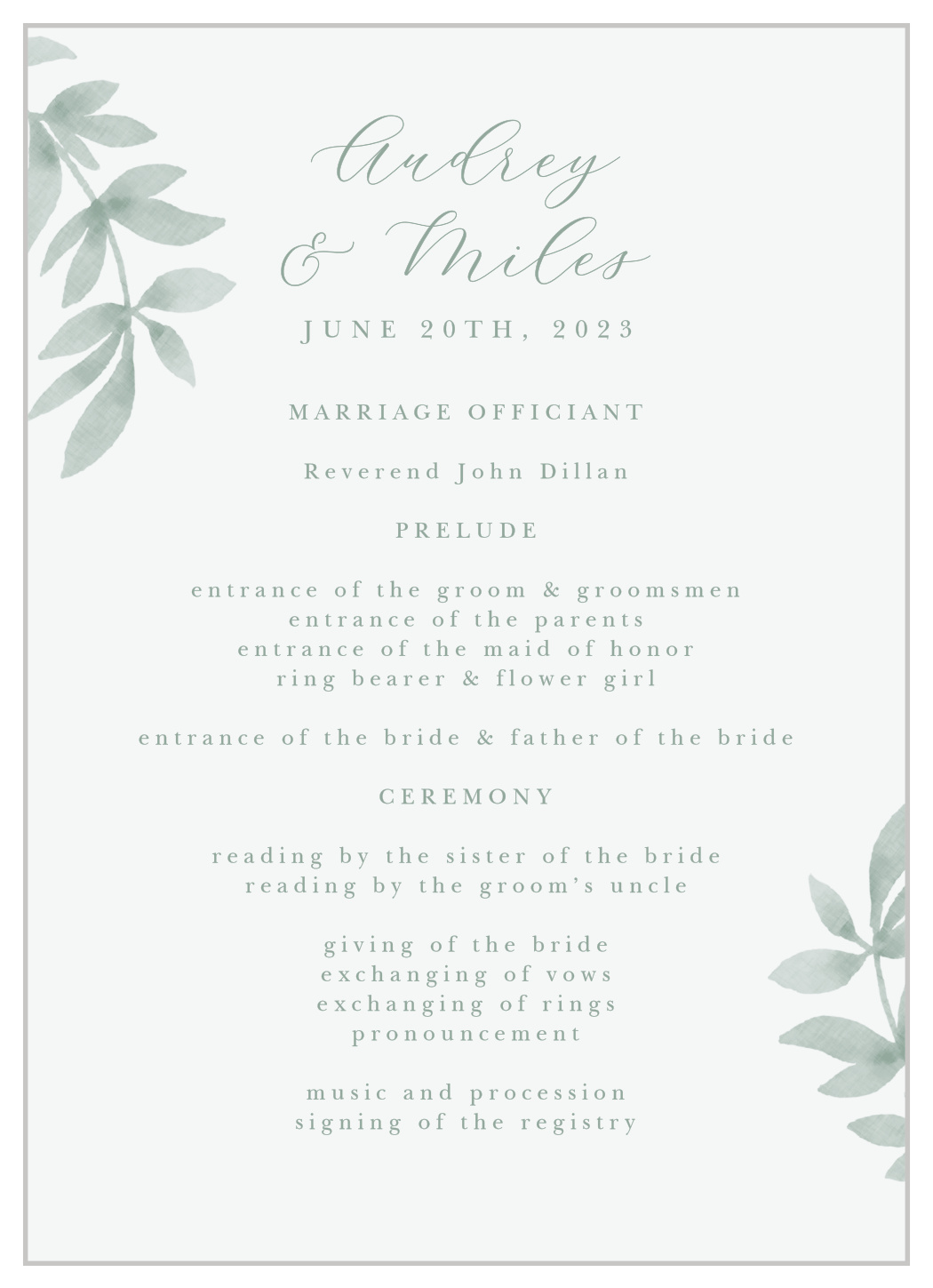 Flowing Ferns Wedding Programs