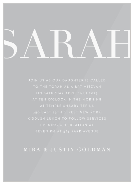 One of the most important days of your child's life is coming up, request the presence of family and friends with the minimalist look of our Formal Type Bat Mitzvah Invitations.