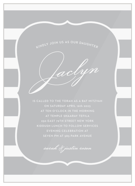 Our Scallop Frame Clear Bat Mitzvah Invitations are created of the perfect feminine tones of design, meant to match the beauty of any young lady being celebrated!
