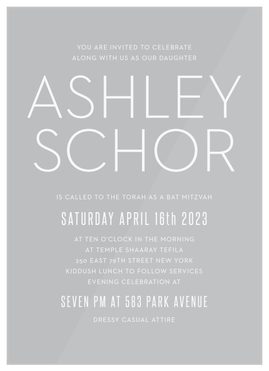 Make your child’s big day one to remember with our Colorful Names Clear Bat Mitzvah Invitations.