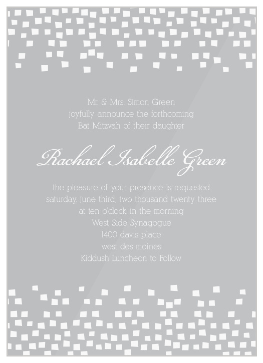 Our Confetti Cascade Clear Bat Mitzvah Invitations gather cherished loved ones together to attend your daughter's coming-of-age ceremony.