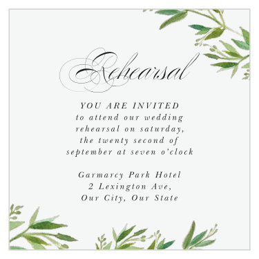 Practice makes perfect! Bring family and friends together the night before your wedding with our Elegant Vines Rehearsal Cards.