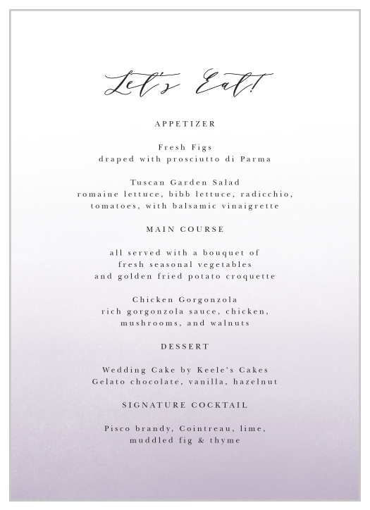 Our Simple Elegant Wedding Menus let family and friends know what mouthwatering foods will be served at your reception.