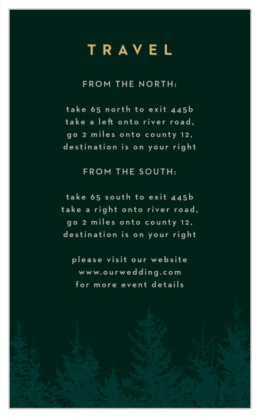 Our Mountain Spruce Direction Cards guide family and friends to your wedding venue with ease.