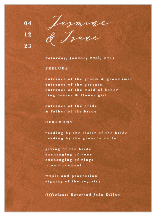Set the stage for your wedding ceremony with our Sandstone Rust Wedding Programs.