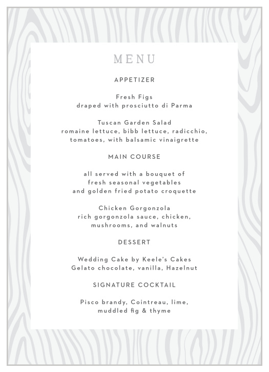 Our Wood Plank Wedding Menus let guests know what mouthwatering foods will be served at your reception.