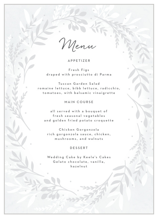 Our Icy Wreath Wedding Menus inform family and friends what mouthwatering foods will be served at your reception.