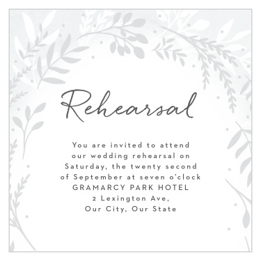 Practice makes perfect! Bring family and friends together the night before your wedding with our Icy Wreath Rehearsal Cards.