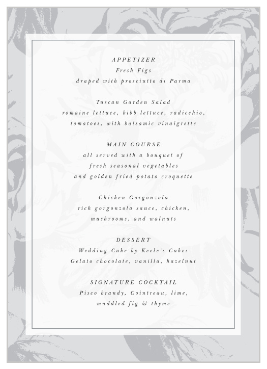 The Etched Peony Wedding Menus match the rest of the invitation suite perfectly!