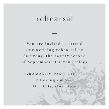 The Etched Peony Rehearsal Cards are perfect for inviting special guests to your exclusive rehearsal.