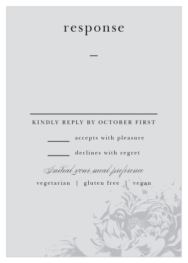 The Etched Peony Rehearsal Cards are perfect for inviting special guests to your exclusive rehearsal. Modern black typography is displayed atop a neutral gray background with illustrated peonies. Personalize yours online today!