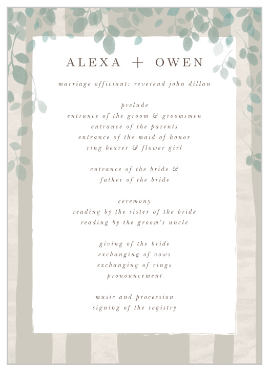 Keep family and friends up-to-date throughout your ceremony with our Aspen Trees Wedding Programs.