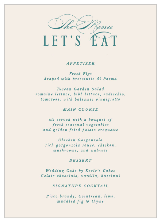 The minimalist look of our Formal Charm Wedding Menus is sure to impress your guests!