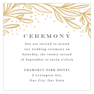Our Draped Leaves Ceremony Cards invite family and friends together to celebrate your special day.