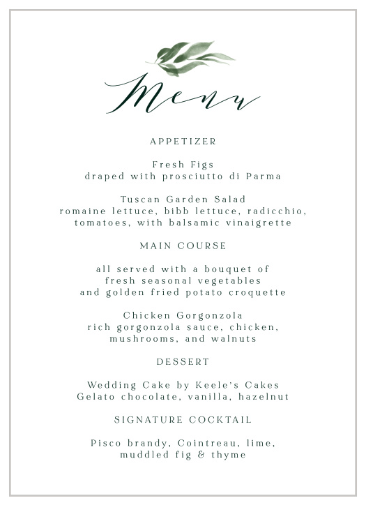 Describe each delicious dish that will be served at your wedding with our Verdant Vine Wedding Menus.