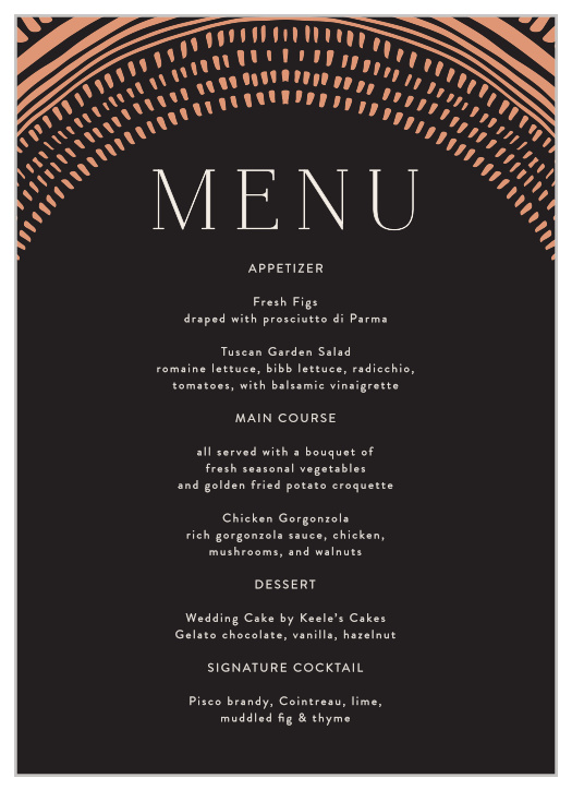 Set up the perfect dining experience with our Boho Radiance Wedding Menus.