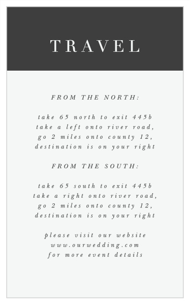 Family and friends will have no issue finding their way to your wedding venue with the help of our Classical Statement Direction Cards.