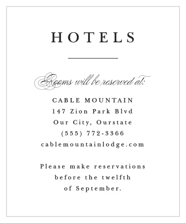 Help out all your traveling guests by giving them specific directions to your event with our Considered Cursive Accommodation Cards.