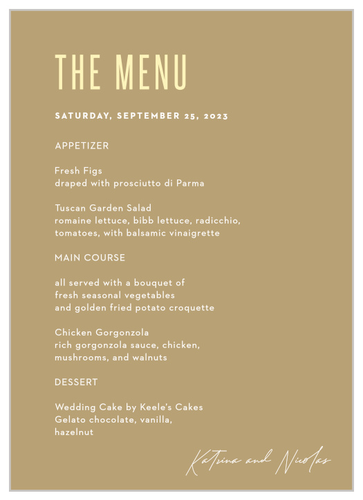 Let loved ones know what will be served at your reception with our Minimal Stack Wedding Menus.