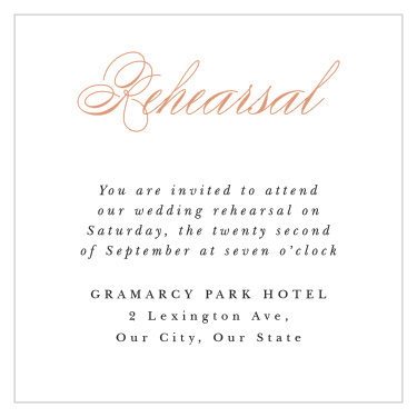 Our Fancy Filigree Rehearsal Cards bring family and friends together the night before your wedding to practice.