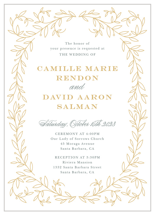 With a mix of classic typography, swirling calligraphy, and gilded accents, our Swirling Vines Wedding Invitations are the perfect way to gather friends and family for your special day