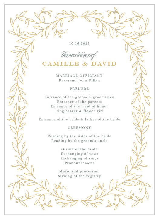 Help your friends and family follow each step down the aisle with the classic typography and gilded accents of our elegant Swirling Vines Wedding Programs.