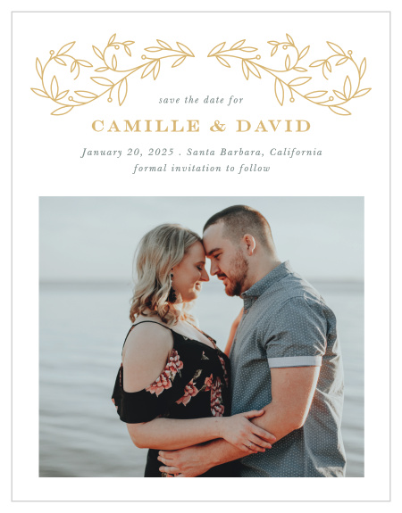 Announce your upcoming wedding with the classic typography and gilded accents of our Swirling Vines Save the Date Magnets.