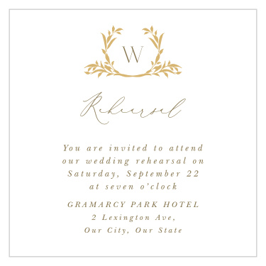 Gather your closest friends and family with the elegant calligraphy and timeless typography of our stylish Golden Crest Rehearsal Cards.
