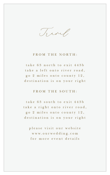 Make sure your family and friends will have no issue finding their way to your venue with the elegant calligraphy and timeless typography of our Golden Crest Direction Cards.