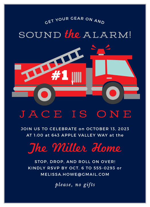 Your young man will be thrilled to see the Fire Truck First Birthday Invitations that will bring his closest family and friends together to celebrate him!