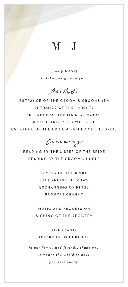 Our Luxe Watercolor Tea Programs keep family and friends in the loop throughout your ceremony. 