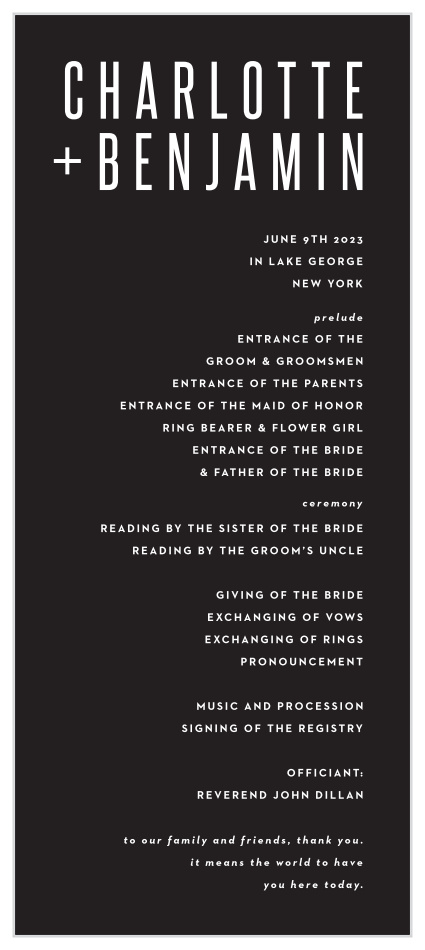 Our Minimal Print Tea Wedding Programs are sure to keep family and friends up-to-date throughout your ceremony.