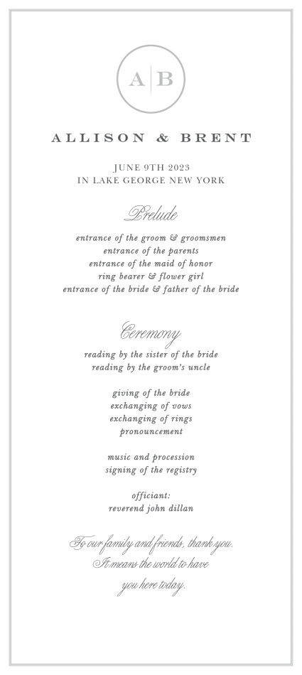 Our Minimalist Monogram Tea Wedding Programs are sure to keep family and friends up-to-date throughout your ceremony.